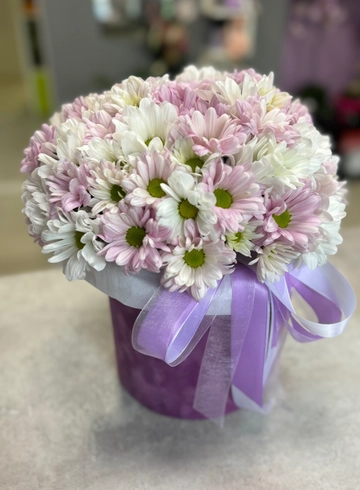 Цветы в коробке из ромашковой хризантемы от интернет-магазина цветов в 